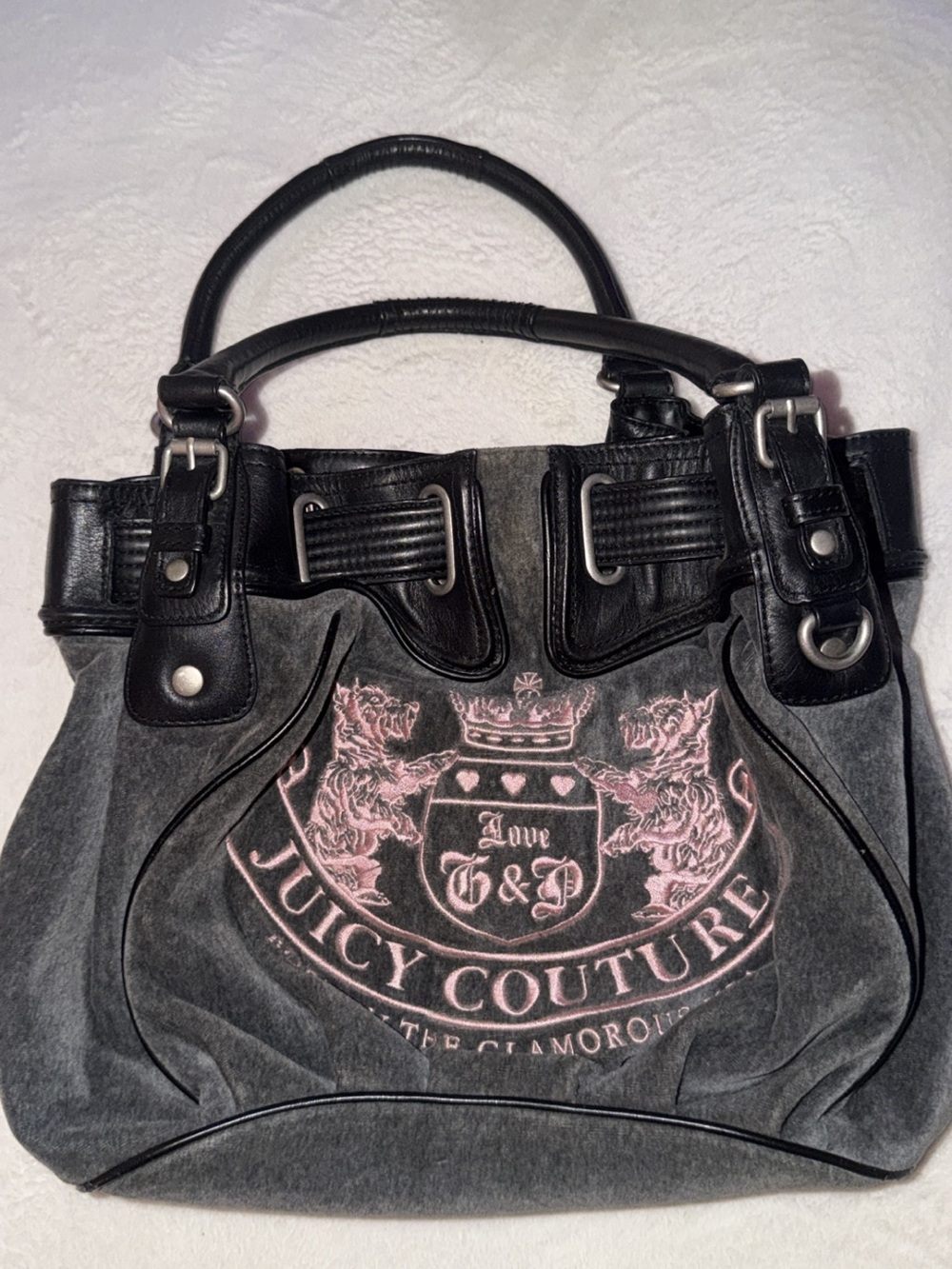 Vintage Juicy Couture Black & Gray Tote with Pink Crest Logo